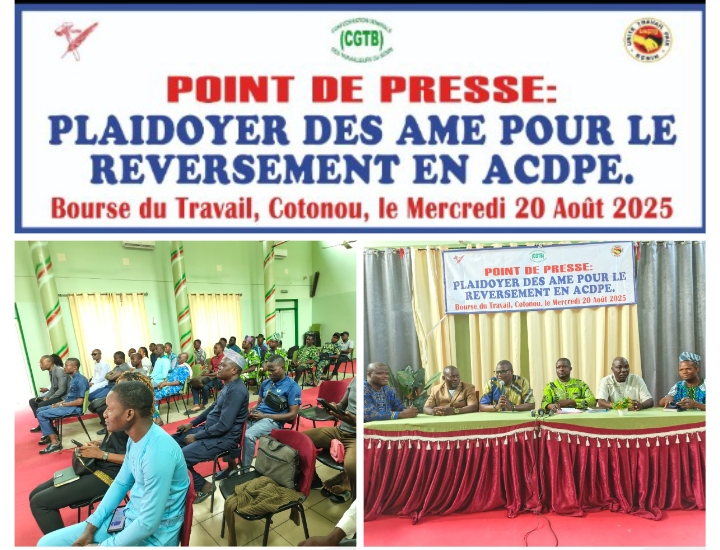 Au cours d’une sortie à la Bourse du Travail à Cotonou : La CSA-Bénin, la CGTB et l’UNSTB plaident pour le reversement des AME  (L’appel des Centrales Syndicales au président Talon et au gouvernement)
